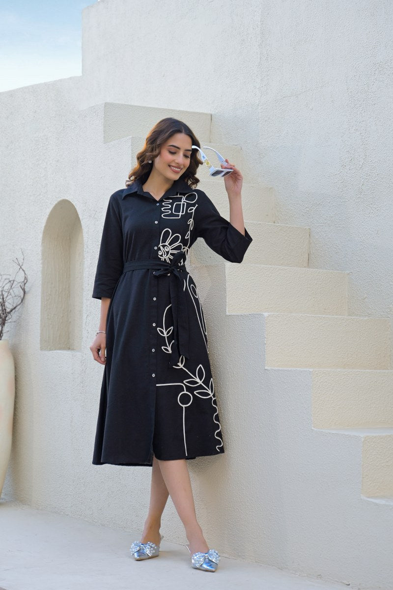 Black Abstract Appliqued Shirt Dress with Belt