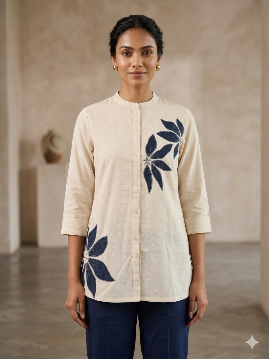 Women’s Cotton Flex Floral Embroidered Short Top – Off White & Navy Blue