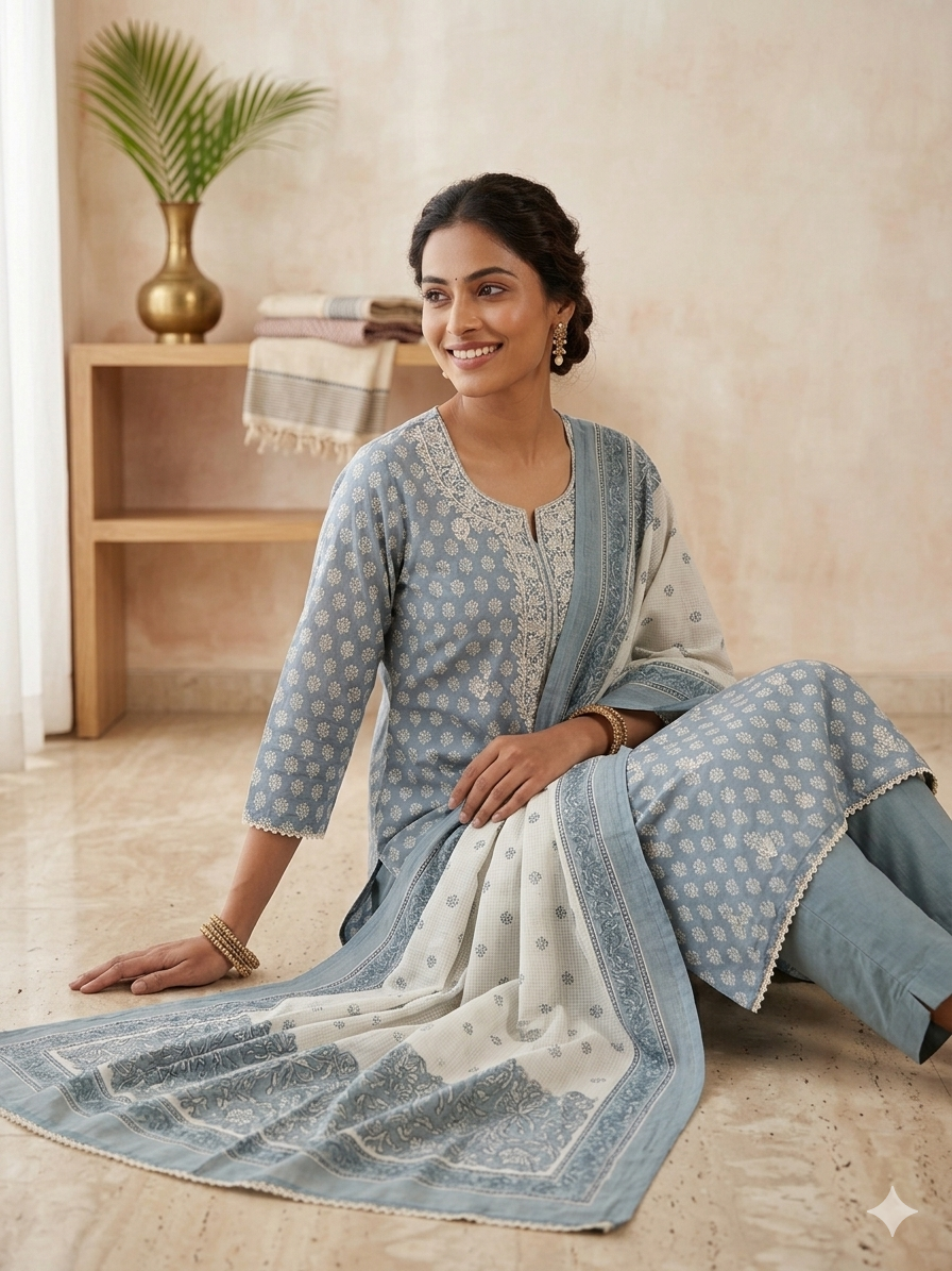 Powder Blue Handblock Printed Cotton Suit Set with Embroidered Neckline & Dupatta