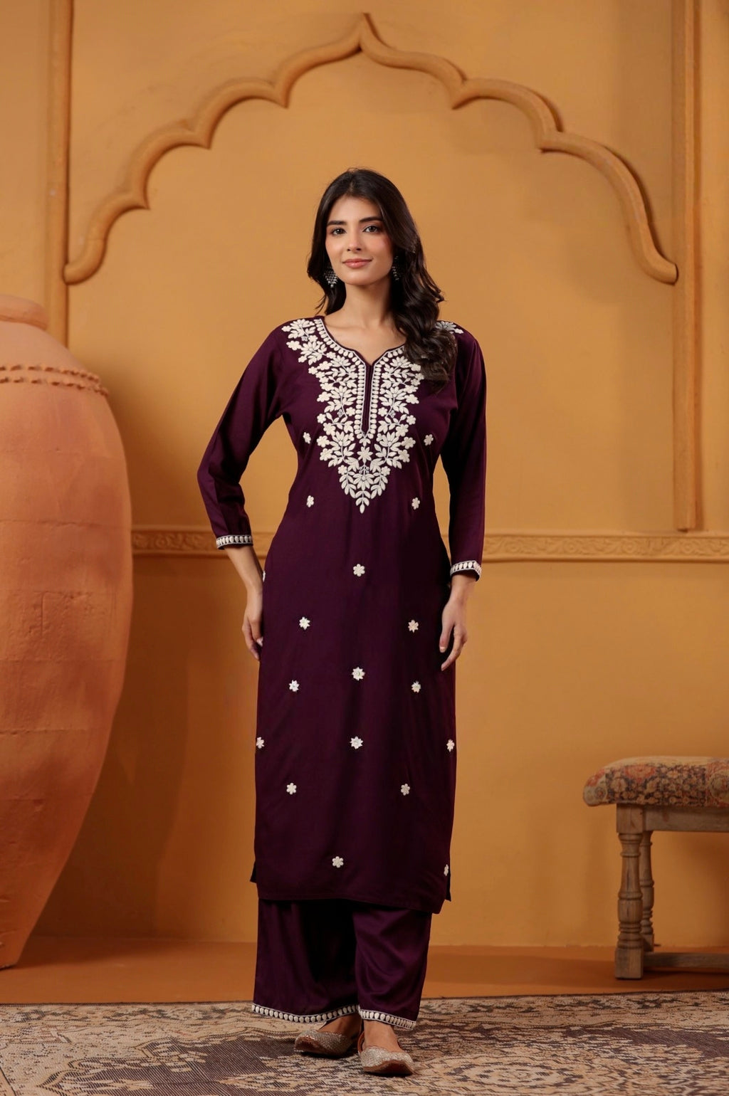 Wine Purple Embroidered Kurta Pant Set