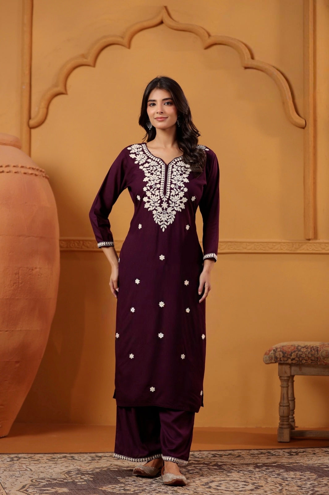 Wine Purple Embroidered Kurta Pant Set