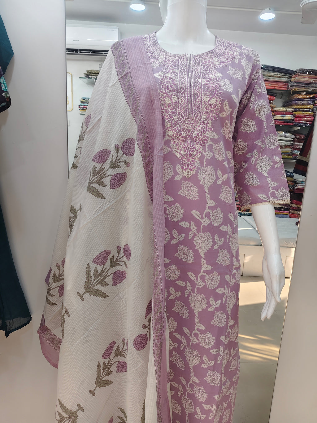 Lavender Floral Printed Cotton Kurta Set with Embroidered Neckline & Dupatta