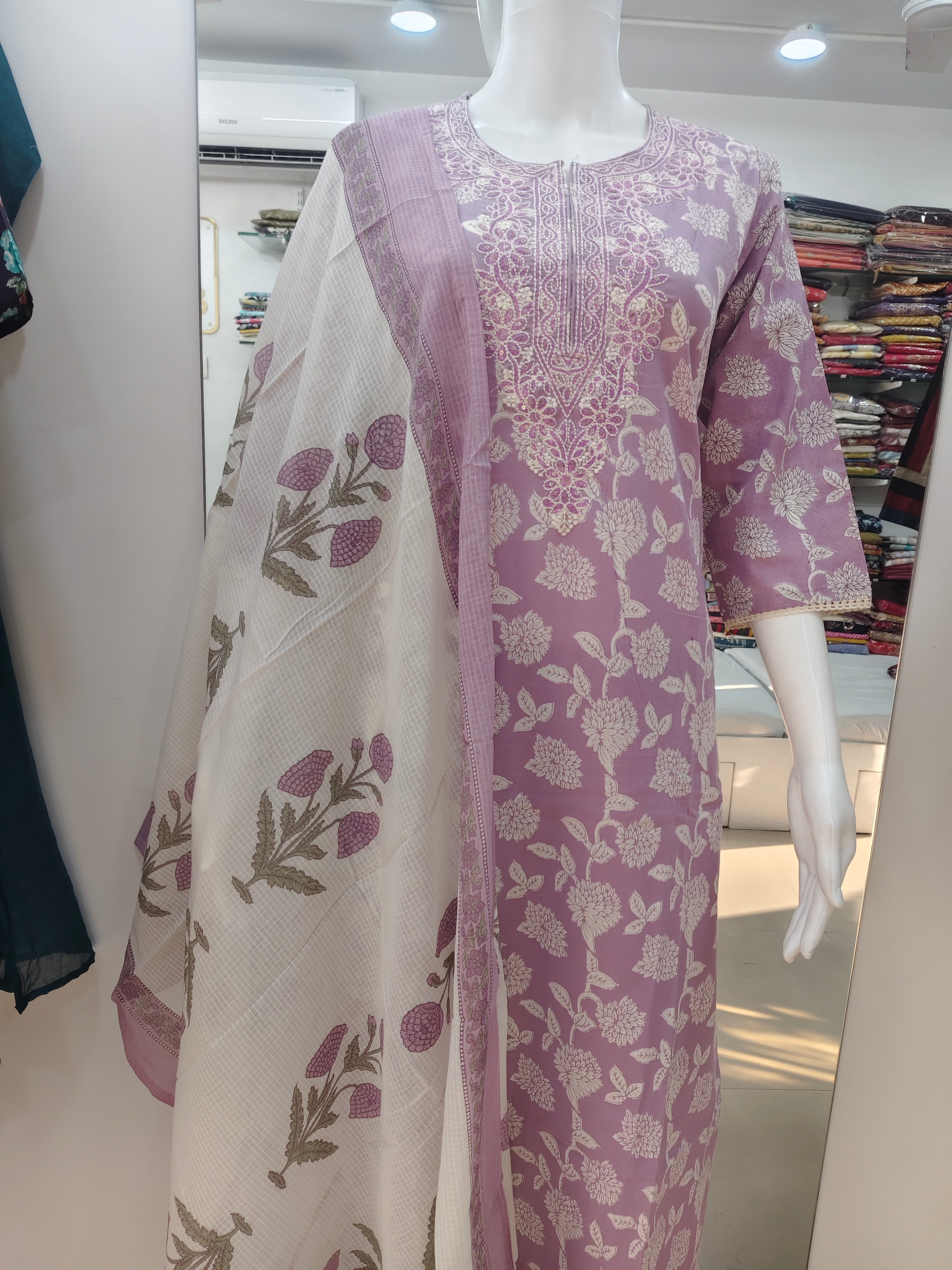 Lavender Floral Printed Cotton Kurta Set with Embroidered Neckline & Dupatta