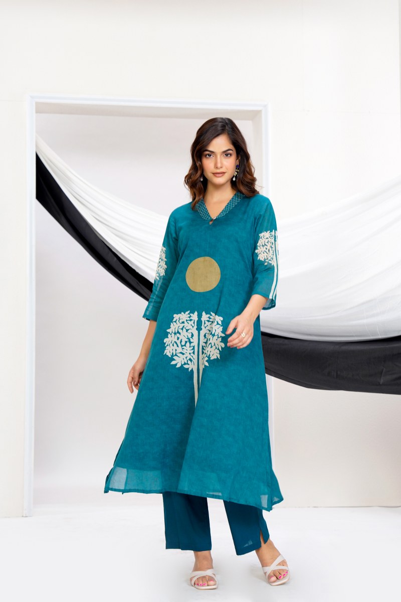 Teal Printed Cotton Kurta Set with Palazzo – Elegant Festive & Casual Wear