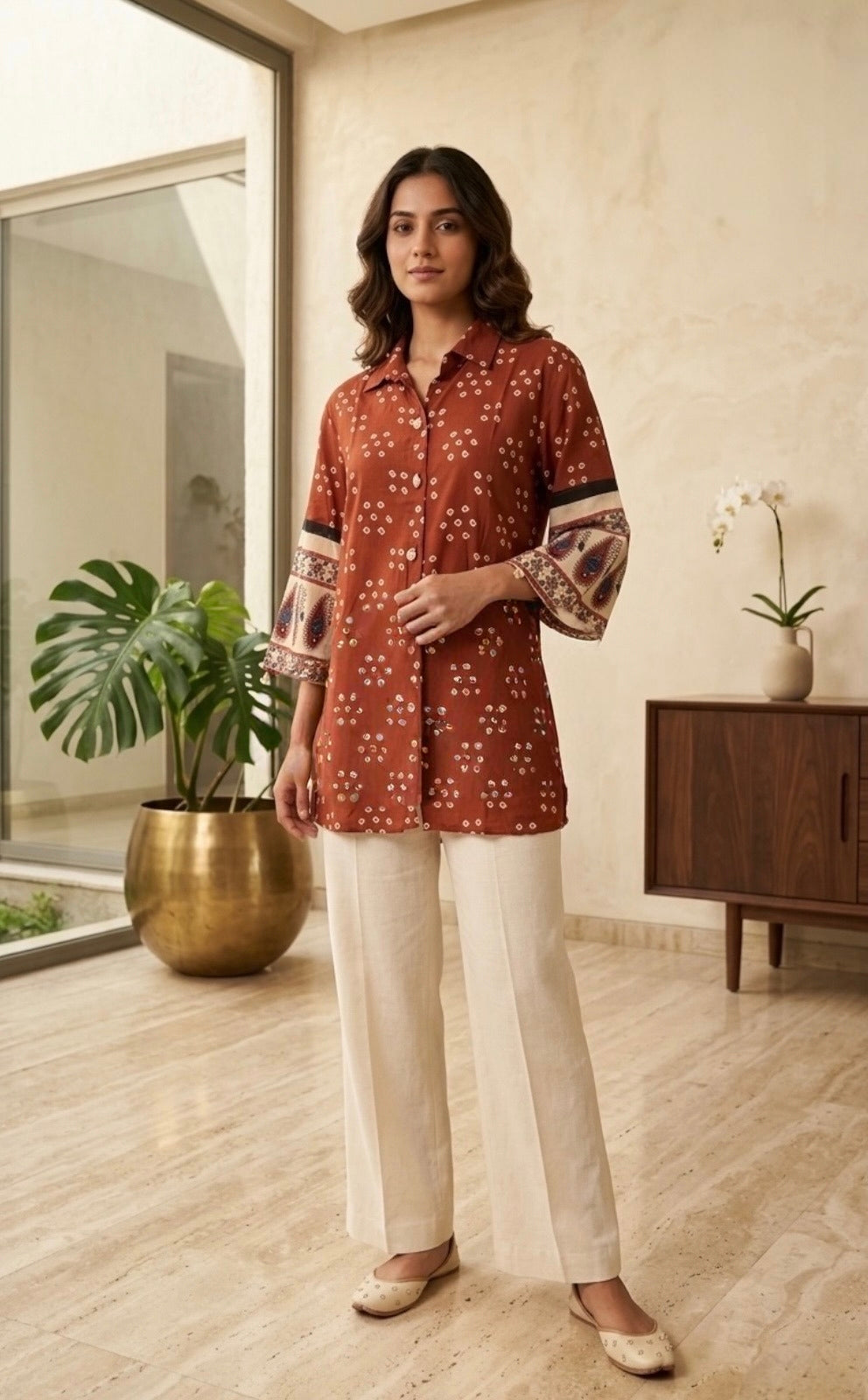 Rust Bandhani Print Viscose Short Top with Designer Sleeves & Collar Neck