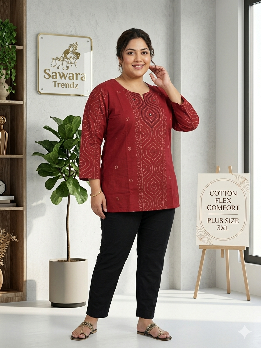 Maroon Cotton Flex embroidery and handboocked Short Top (3XL to 5XL) – Elegant Ethnic Casual Wear