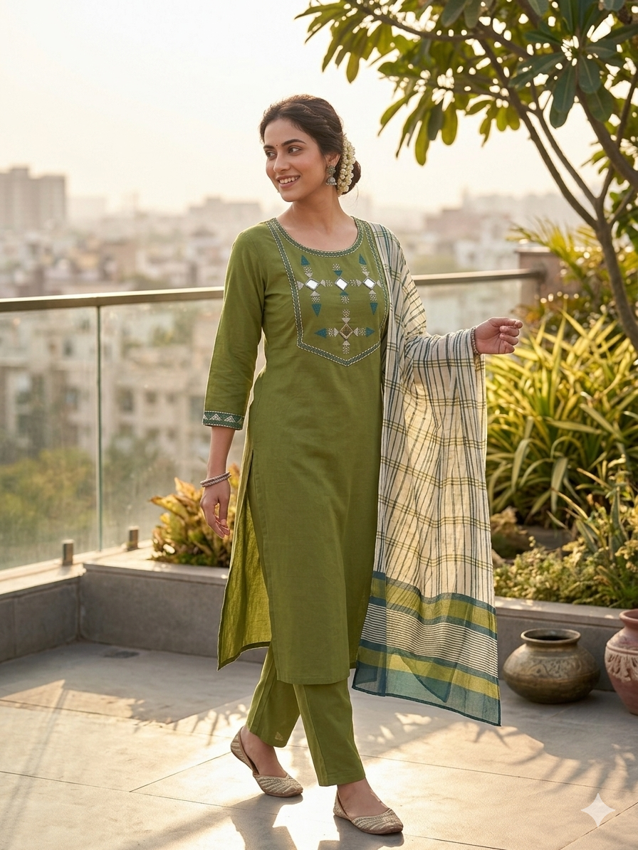 Olive Green Mirror Work Cotton Kurta Pant Dupatta Set for Women