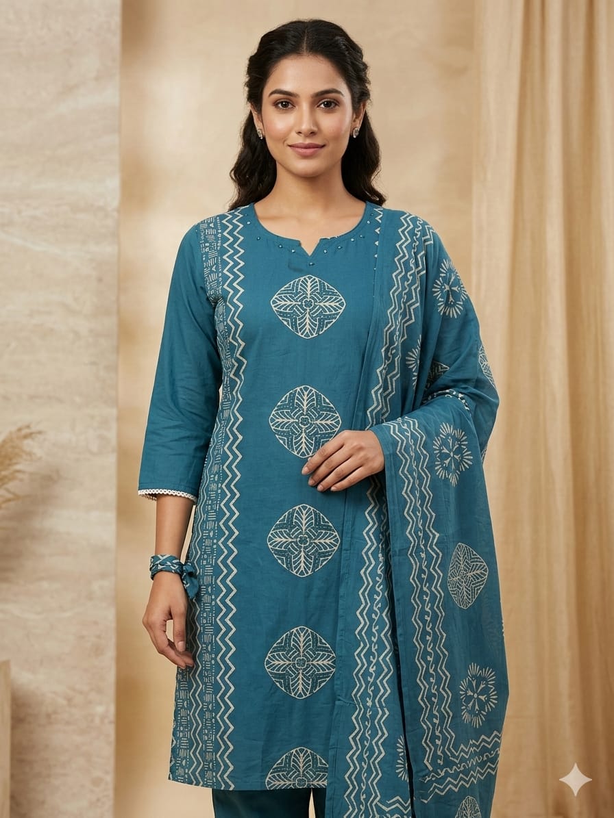 Deep Teal Geometric Block Print Kurta set with Dupatta