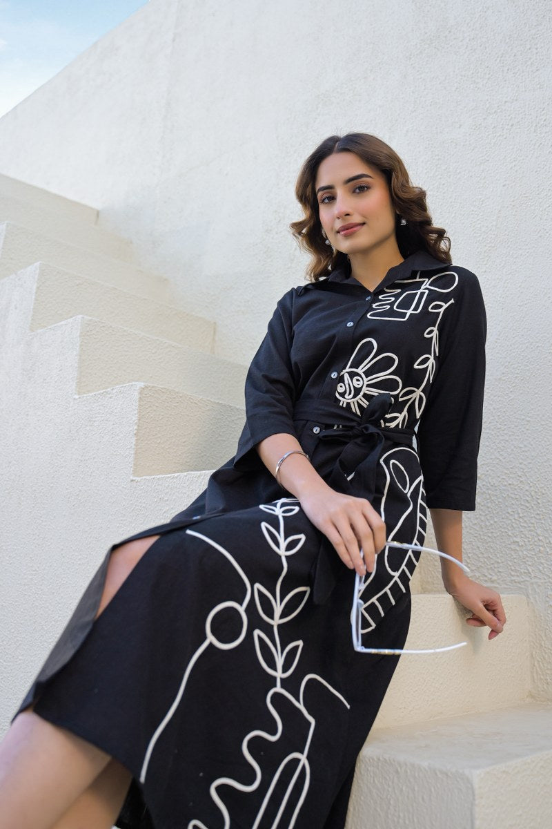 Black Abstract Appliqued Shirt Dress with Belt