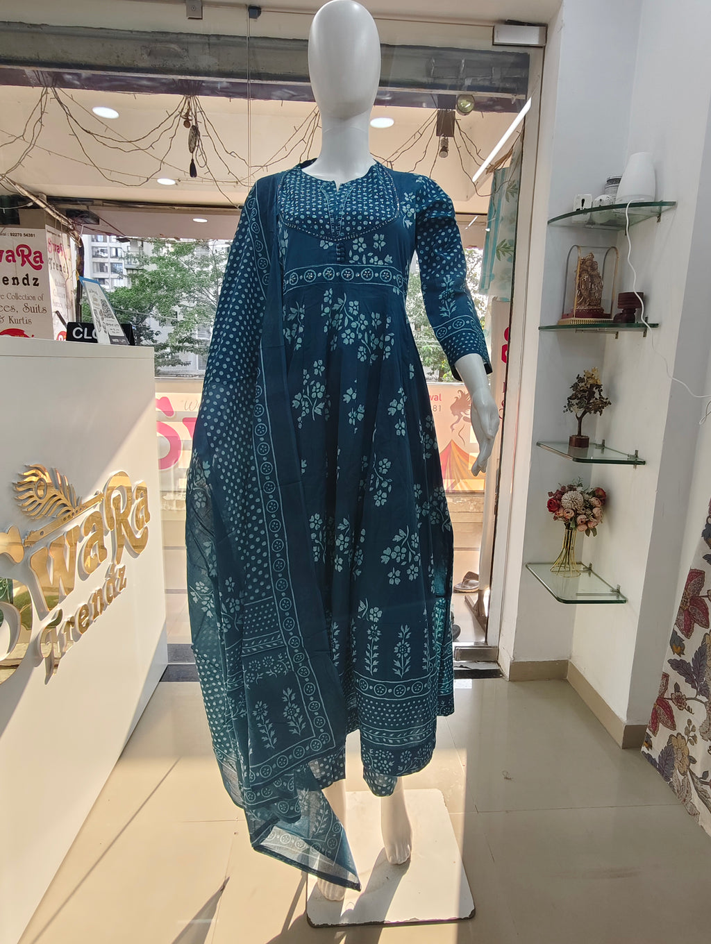Teal Blue Handblock Printed Cotton Anarkali Suit Set with Dupatta | 3 Piece Ethnic Set