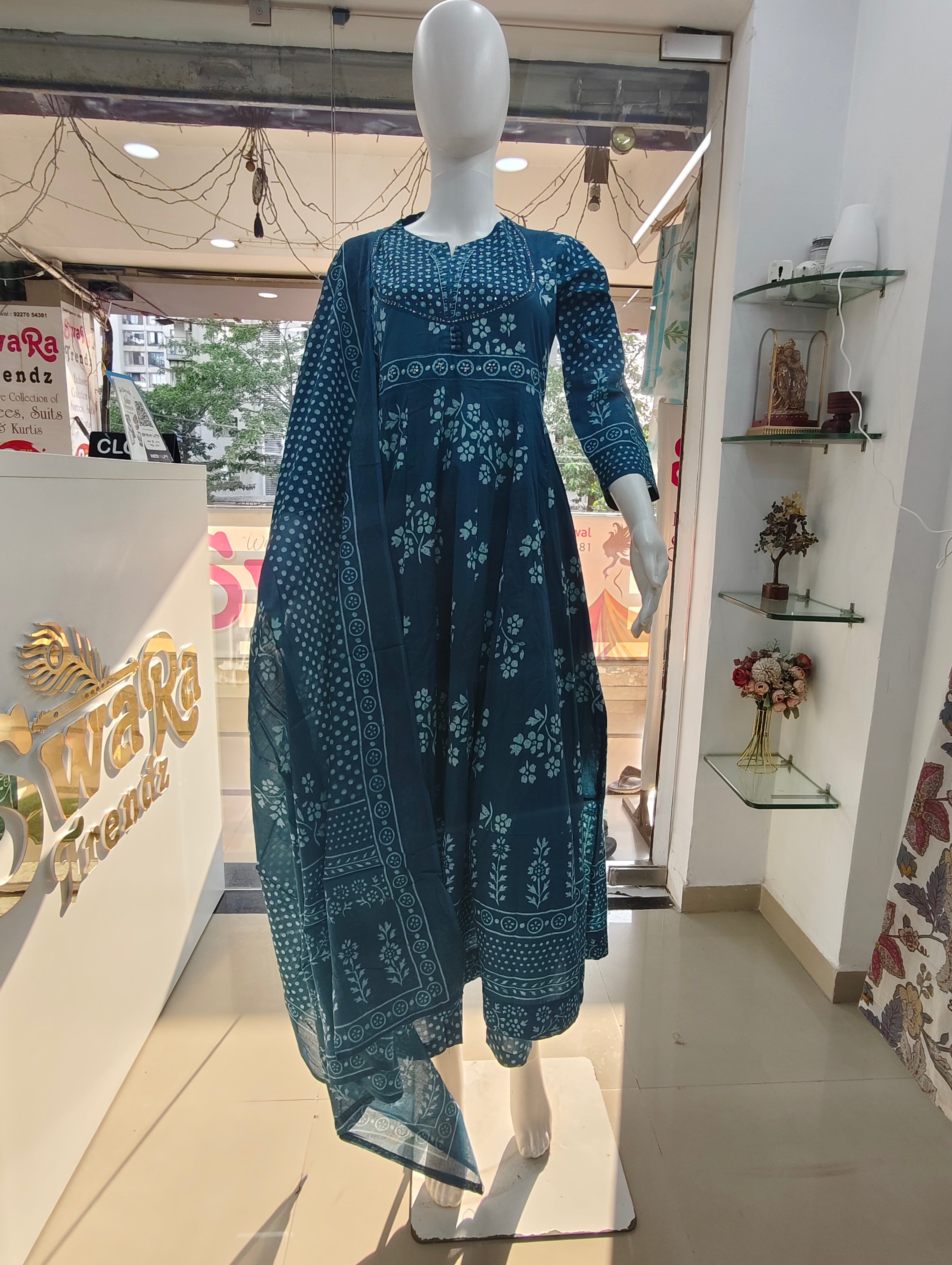 Teal Blue Handblock Printed Cotton Anarkali Suit Set with Dupatta | 3 Piece Ethnic Set