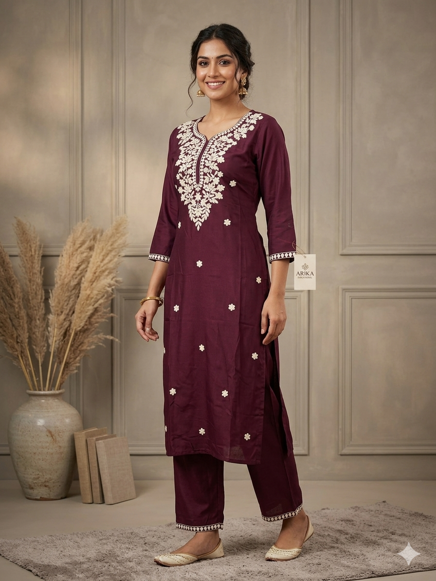 Wine Purple Embroidered Kurta Pant Set