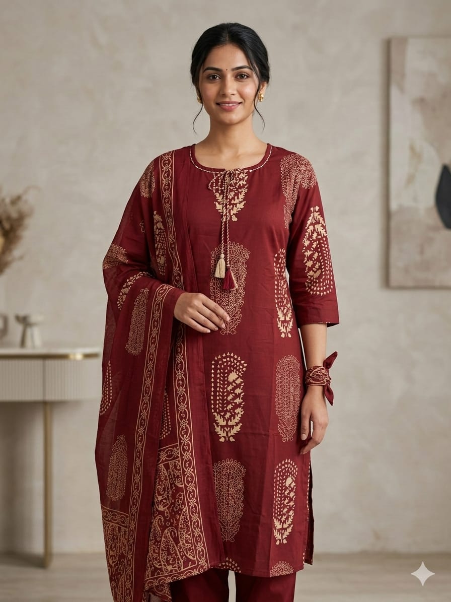 Maroon Cotton Printed Kurta Set with Matching Dupatta and tassel- 3 piece ethnic wear