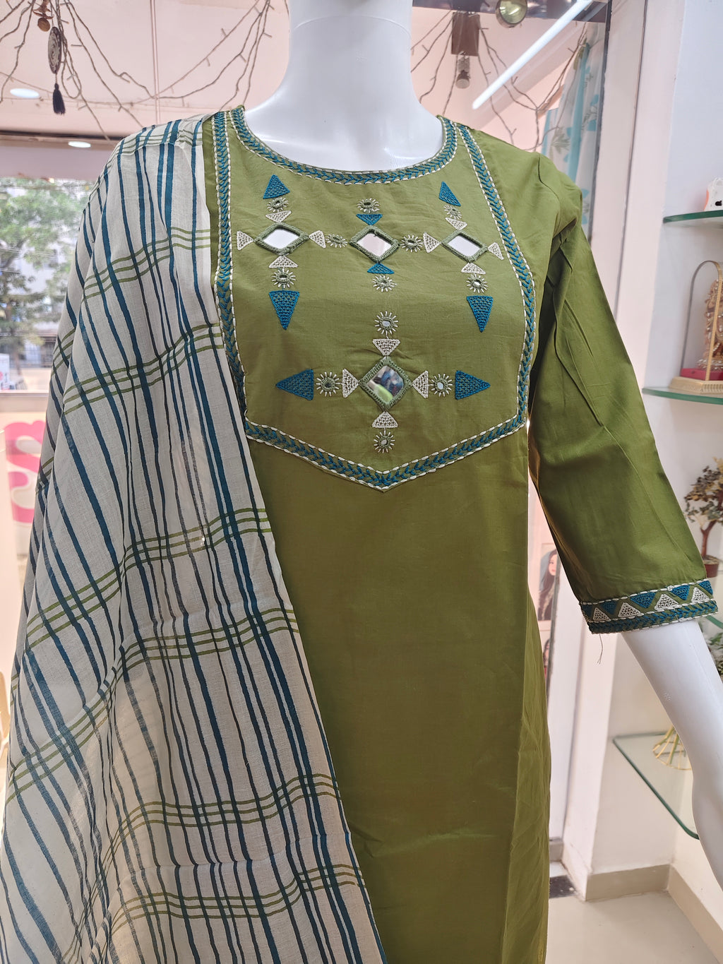 Olive Green Mirror Work Cotton Kurta Pant Dupatta Set for Women