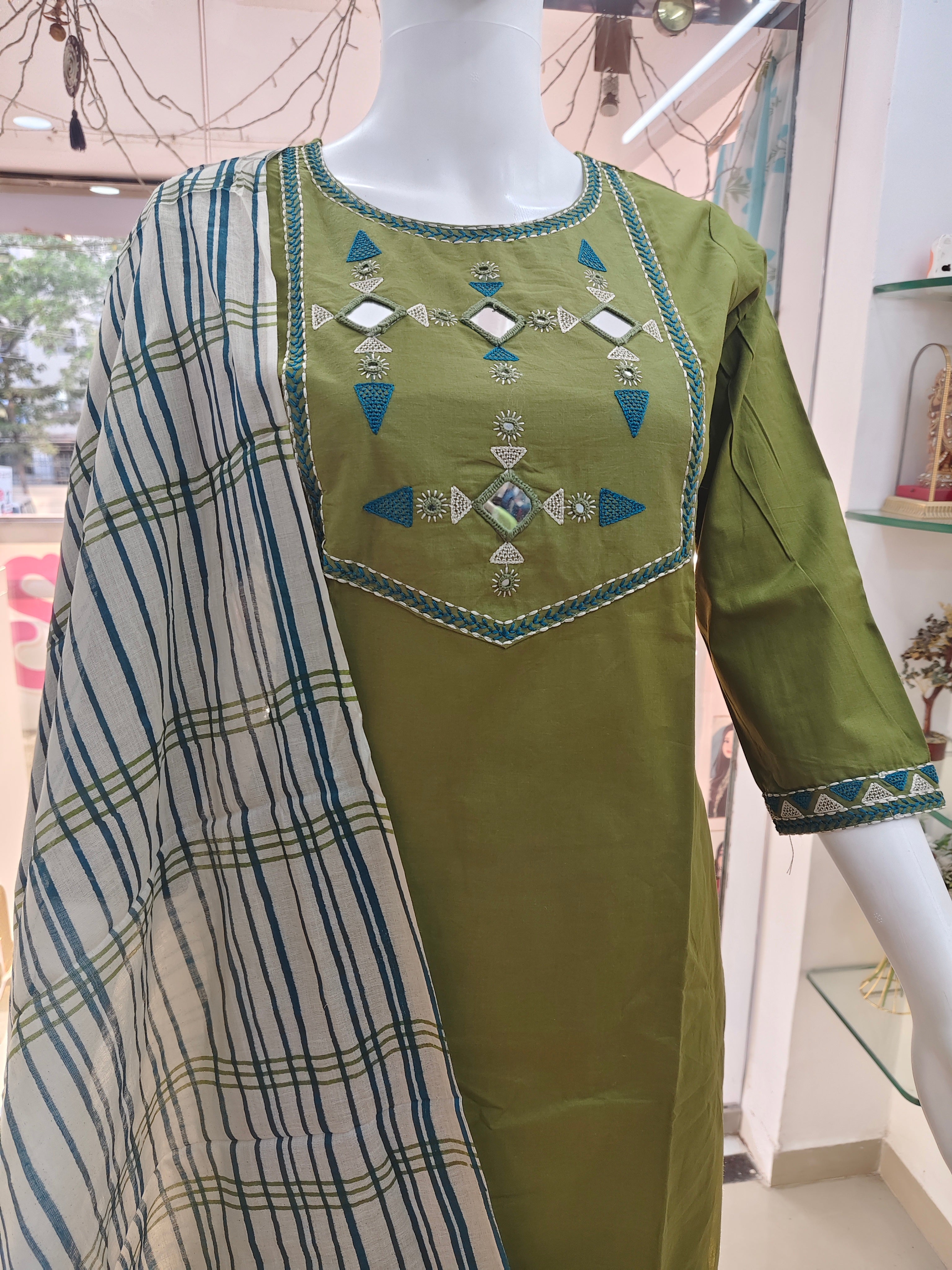 Olive Green Mirror Work Cotton Kurta Pant Dupatta Set for Women