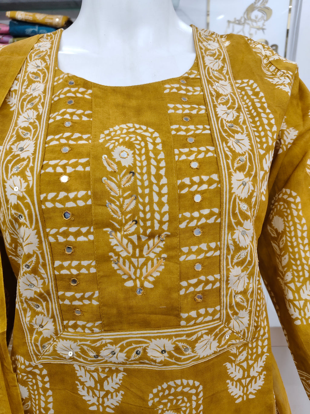Mustard Yellow Pure Cotton Printed Kurta Pant Dupatta Set for Women | Ethnic 3 Piece Suit