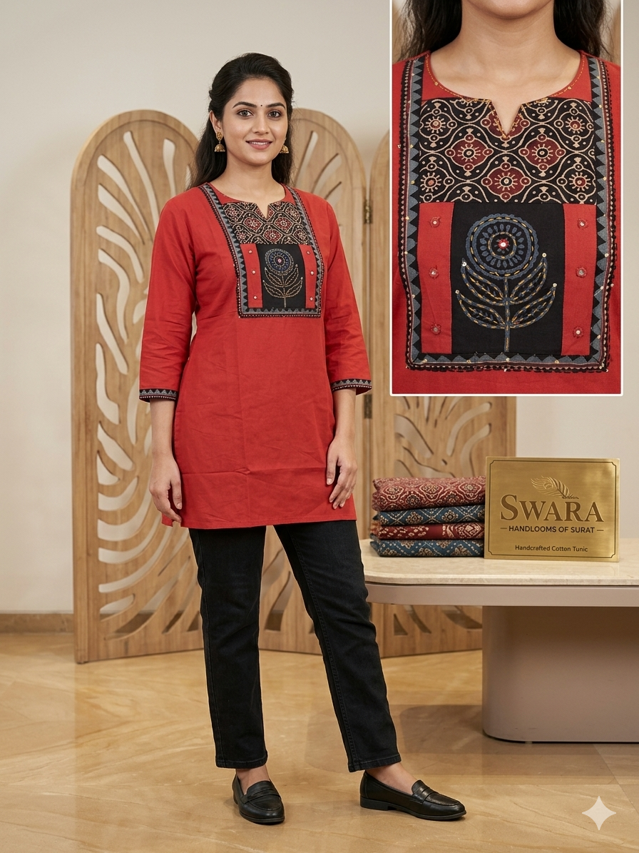 Elegant Rust Red Cotton Short Top with Handcrafted Ethnic Panel Design