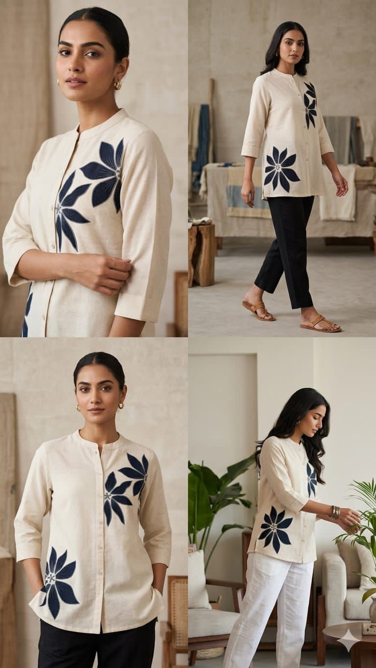 Women’s Cotton Flex Floral Embroidered Short Top – Off White & Navy Blue