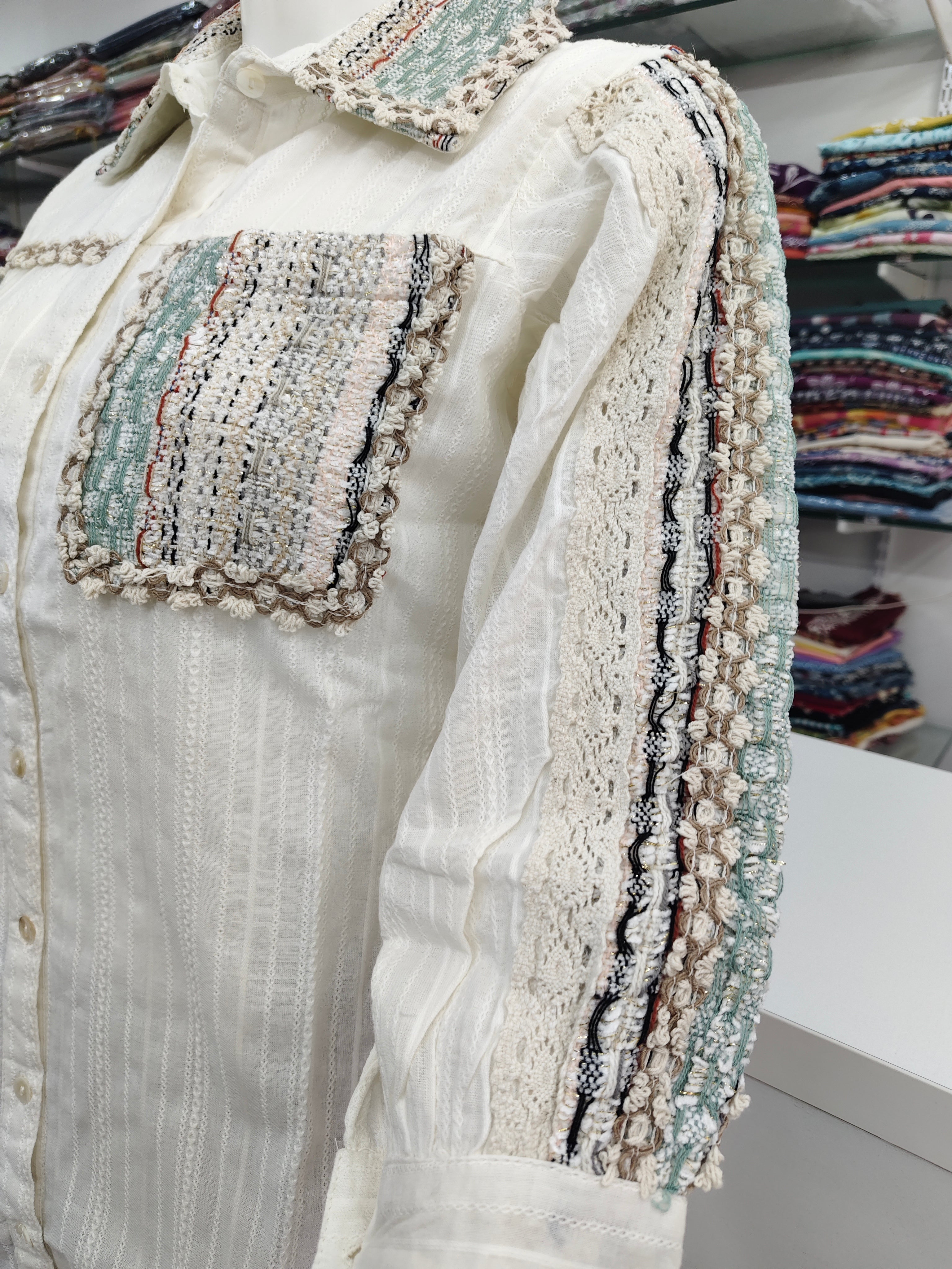 Elegant Pure Cotton Textured Short Top with Handcrafted Jute Lace Detailing