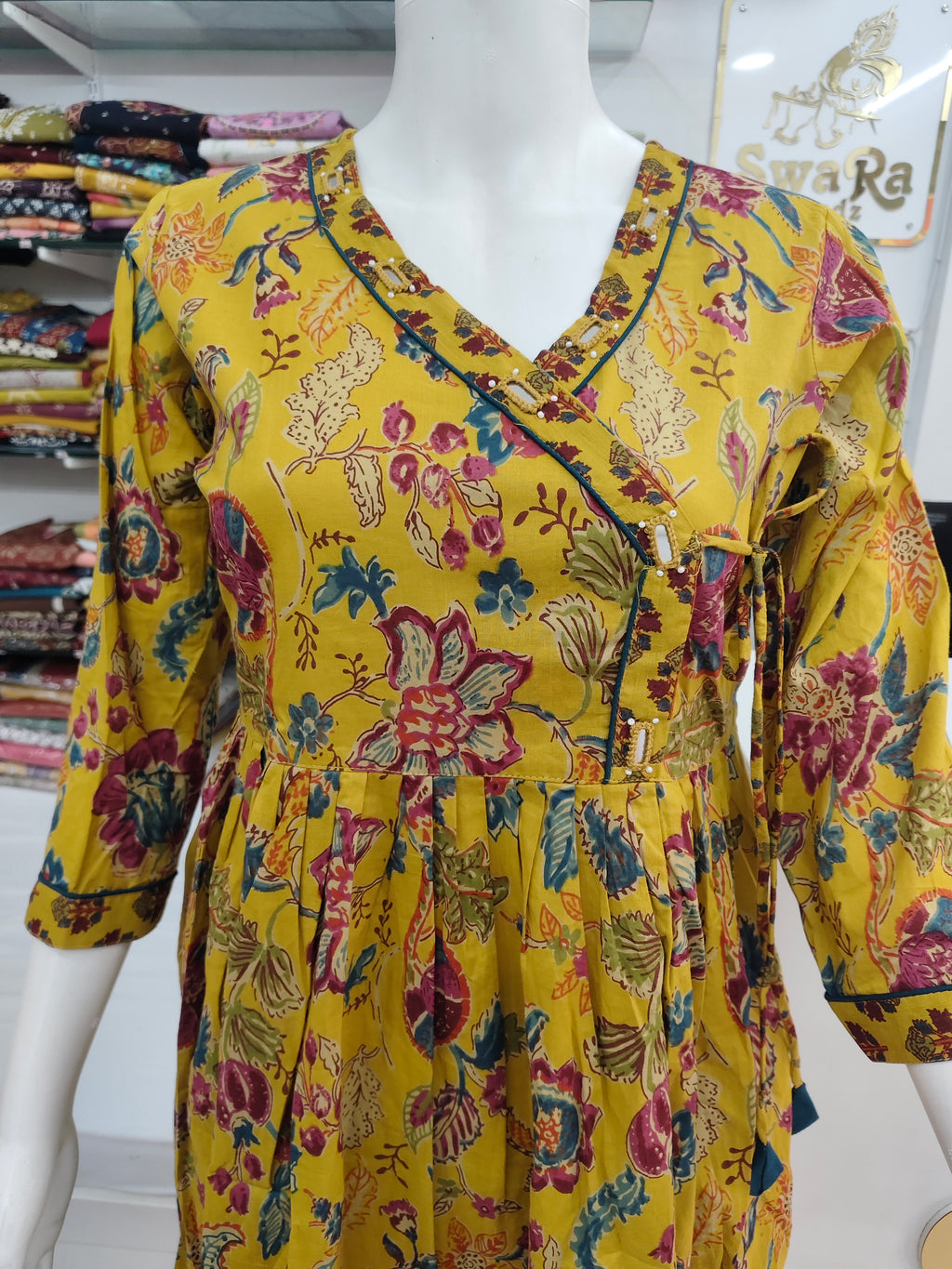 Mustard Yellow Floral Cotton Kurti with Printed Pant (2-Piece Set)