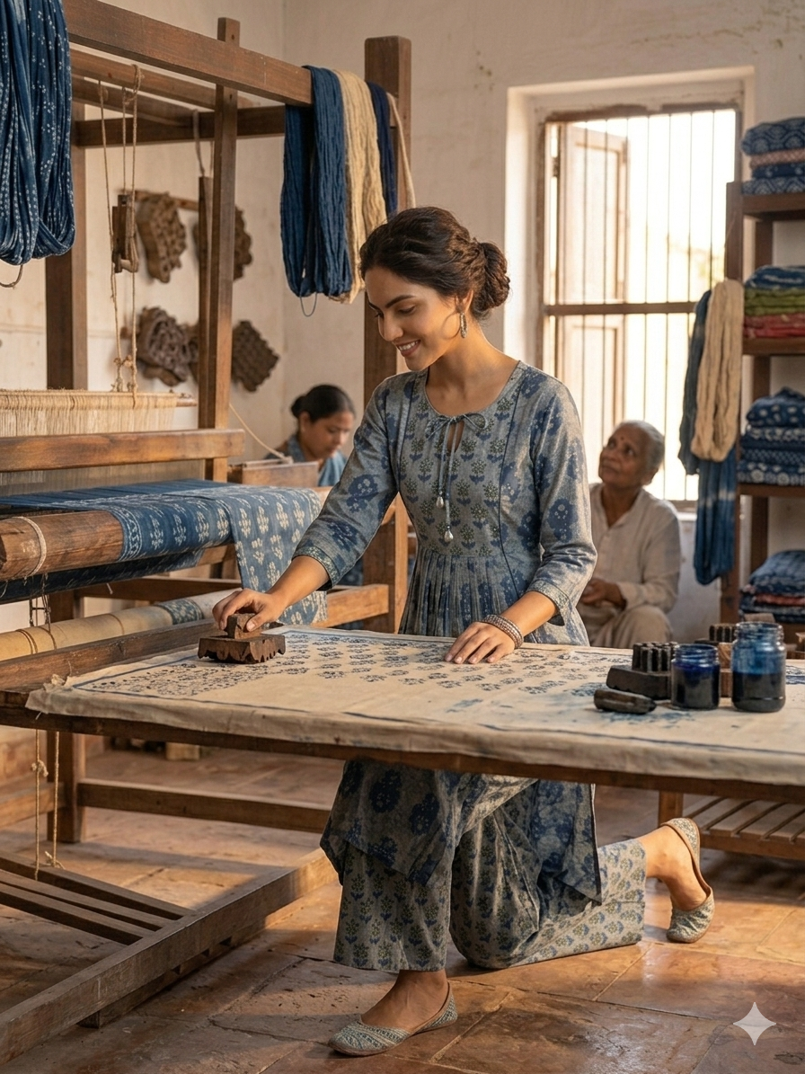 Elegant Indigo Printed Kurti with Palazzo Set (2-Piece Cotton Outfit)