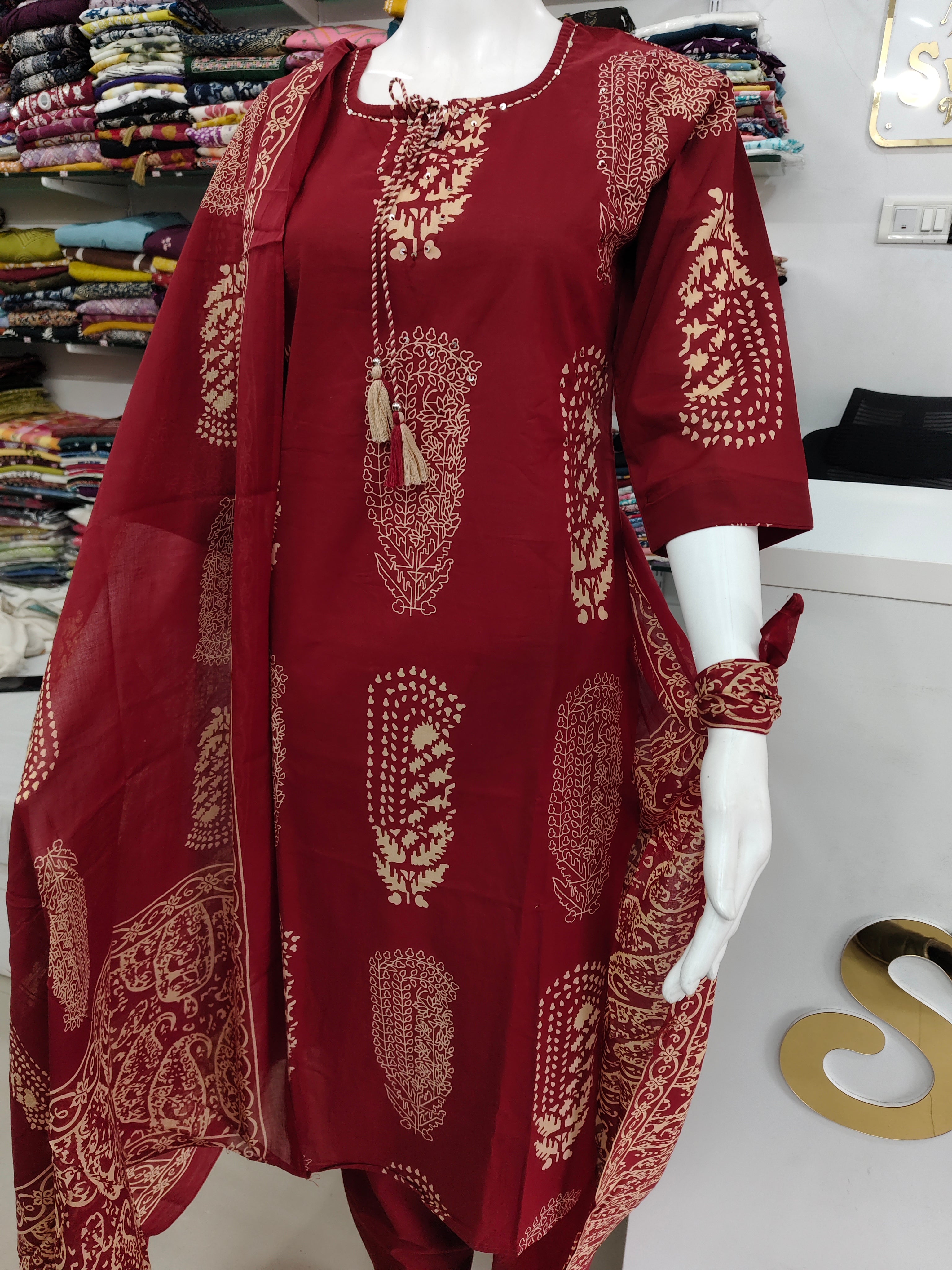 Maroon Cotton Printed Kurta Set with Matching Dupatta and tassel- 3 piece ethnic wear