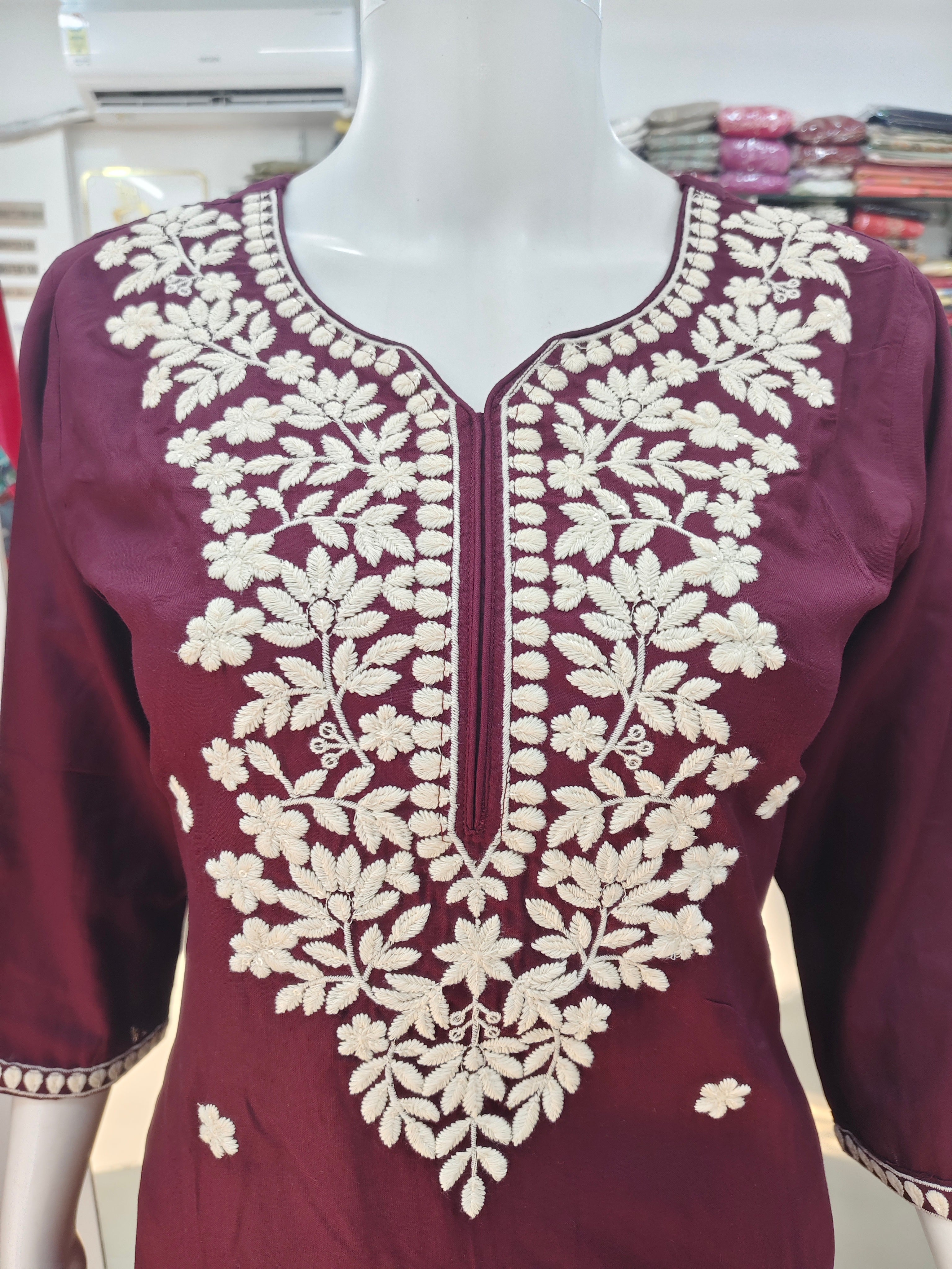 Wine Purple Embroidered Kurta Pant Set
