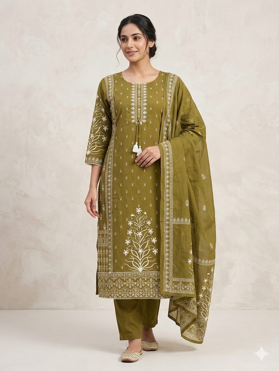 Olive Green Mul Cotton Printed Kurta Set with Dupatta | 3 Piece Ethnic Suit Set