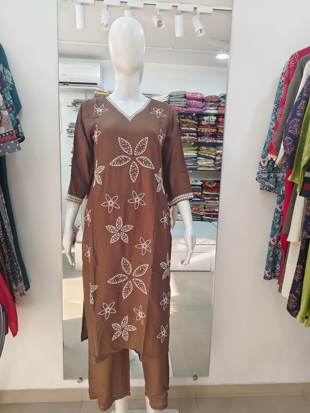 Elegant Chocolate Brown Embroidered 2-Piece Kurta Pant Set