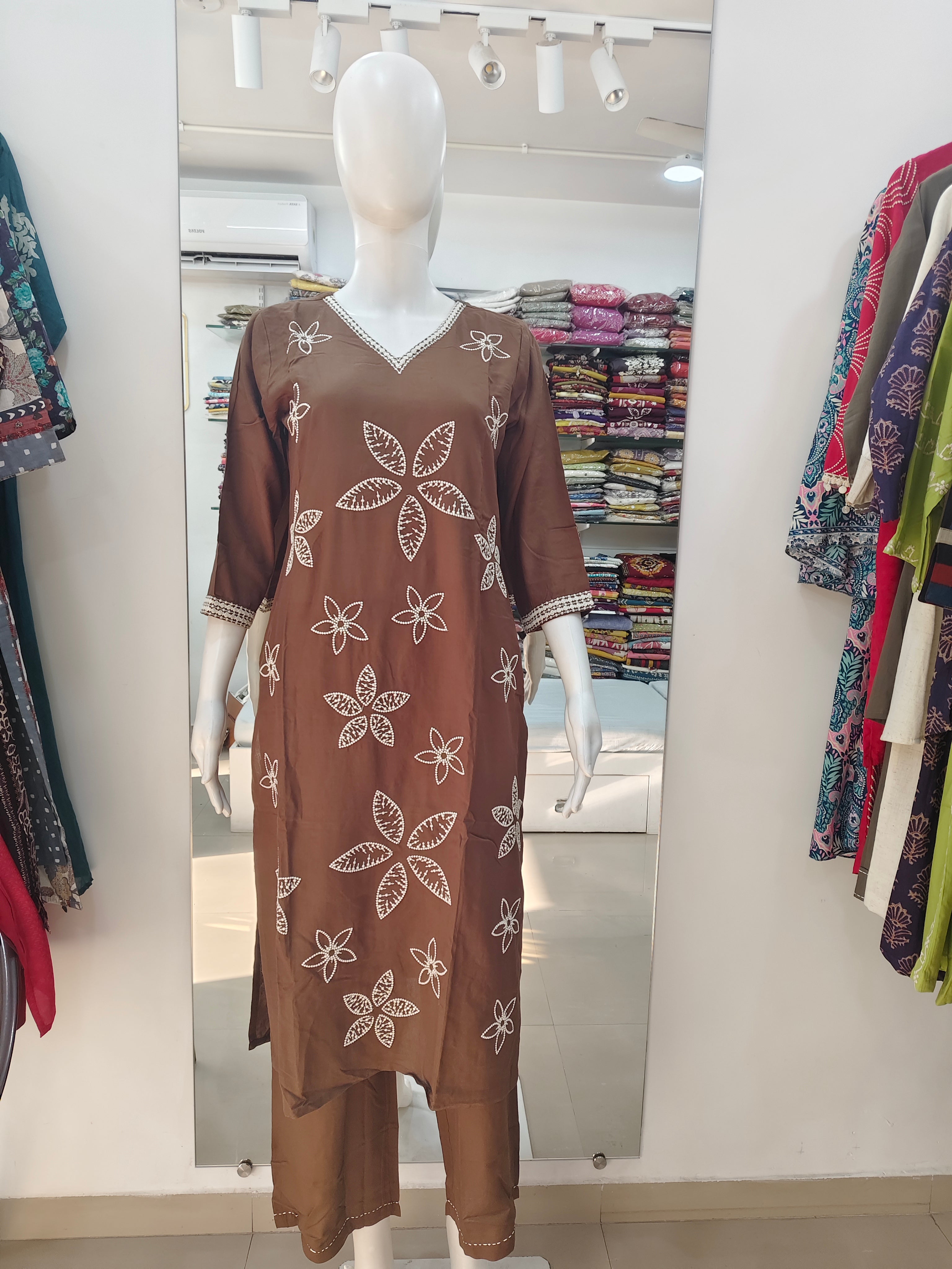 Elegant Chocolate Brown Embroidered 2-Piece Kurta Pant Set