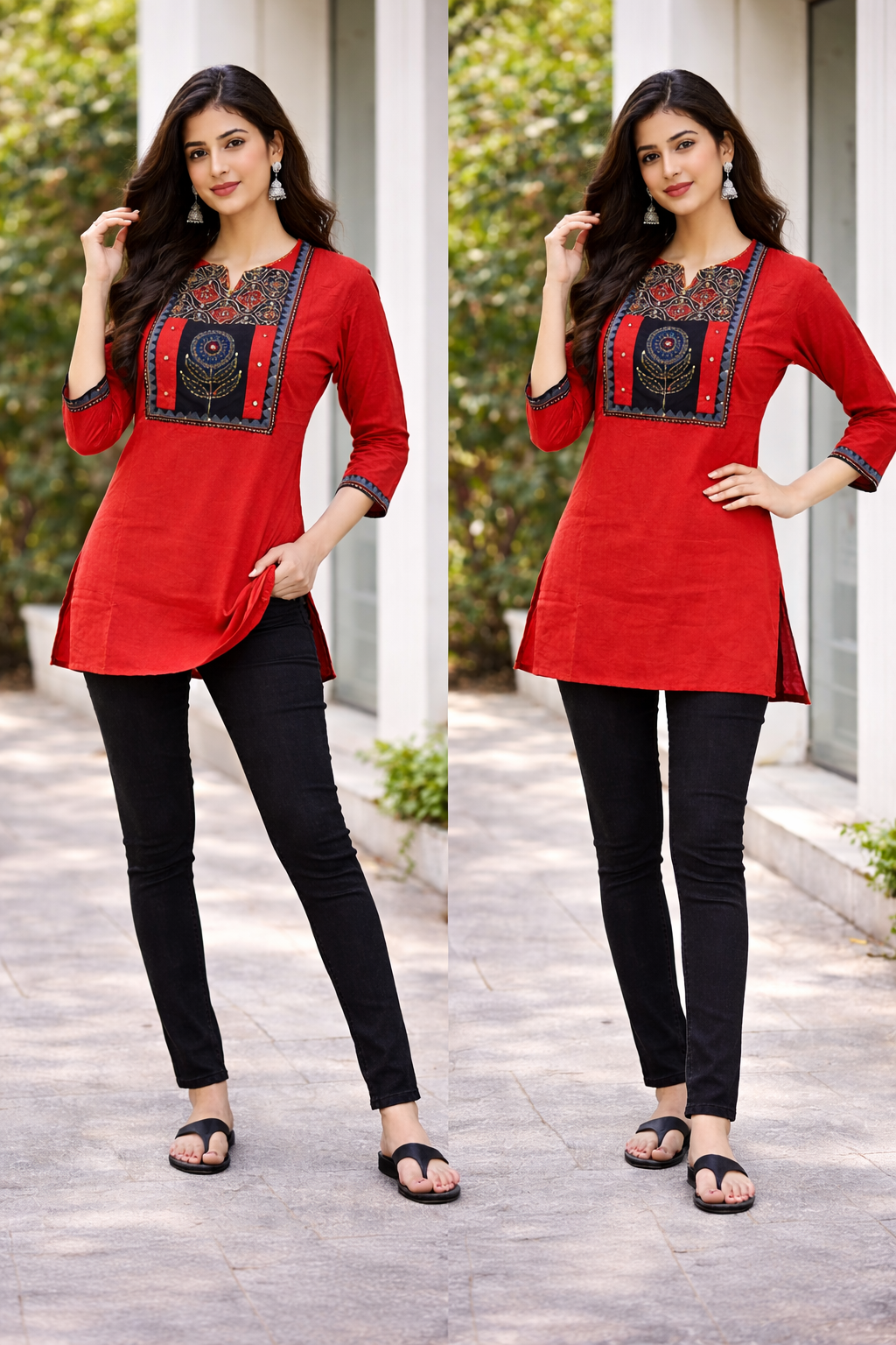 Elegant Rust Red Cotton Short Top with Handcrafted Ethnic Panel Design