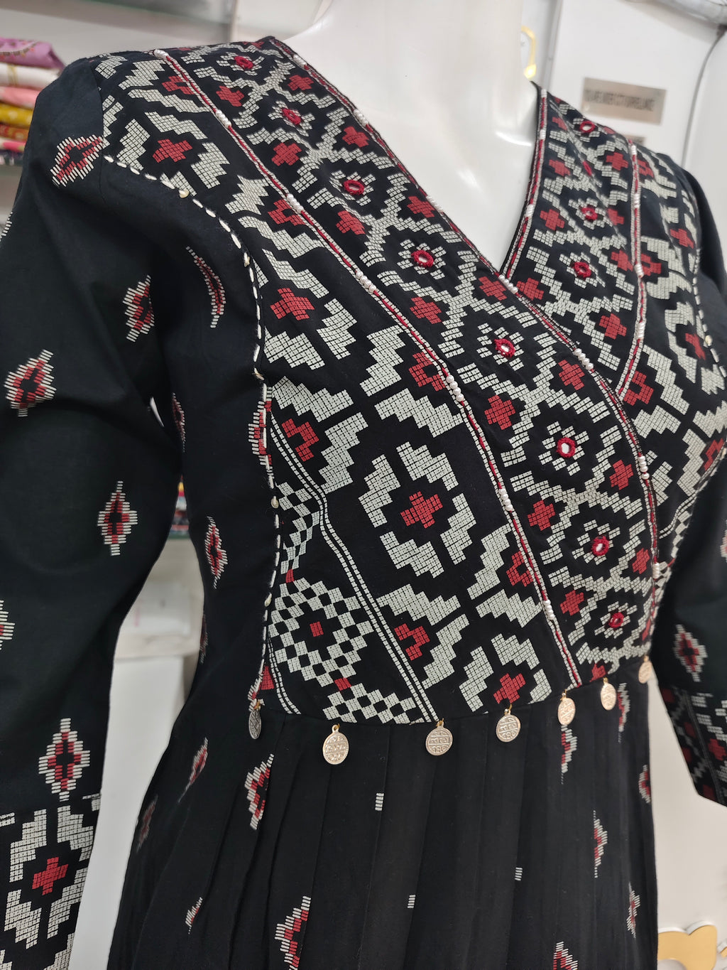 Elegant Black Printed Cotton Kurti with Coin Detail | A-Line Ethnic Dress for Women