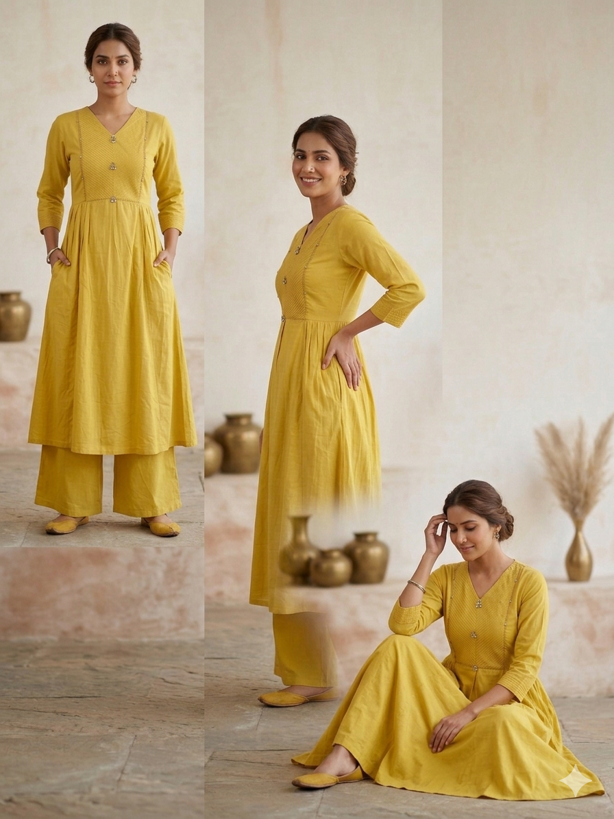 Elegant Mustard Mul Cotton 2-Piece Kurti Palazzo Set with Pintuck Detailing