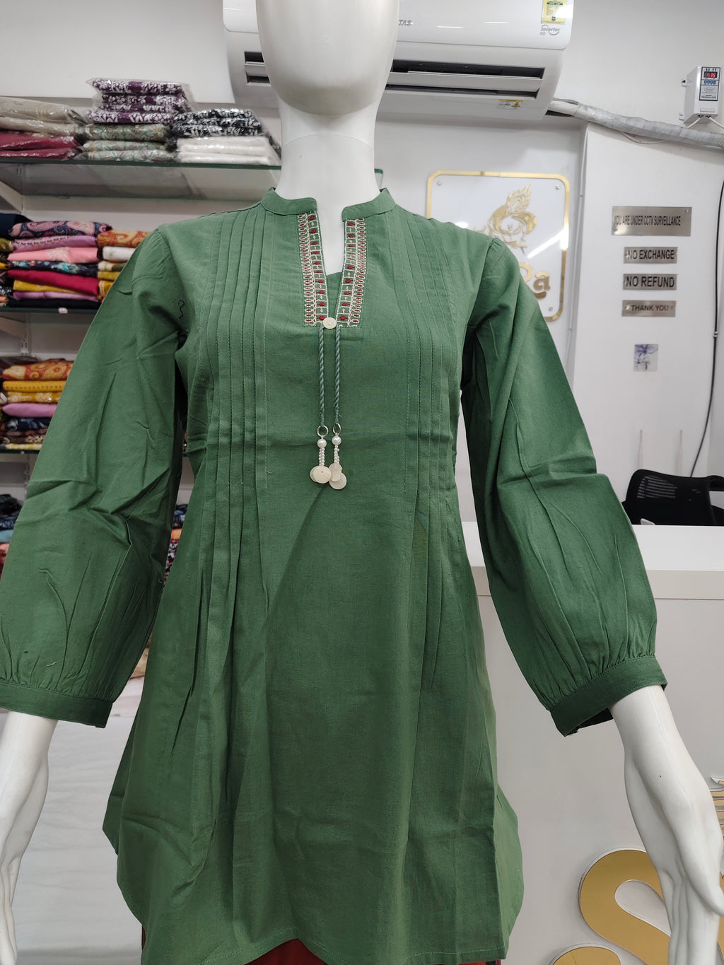 Elegant Green Cotton flex Short Top with Pintuck Design & Embroidered Neckline