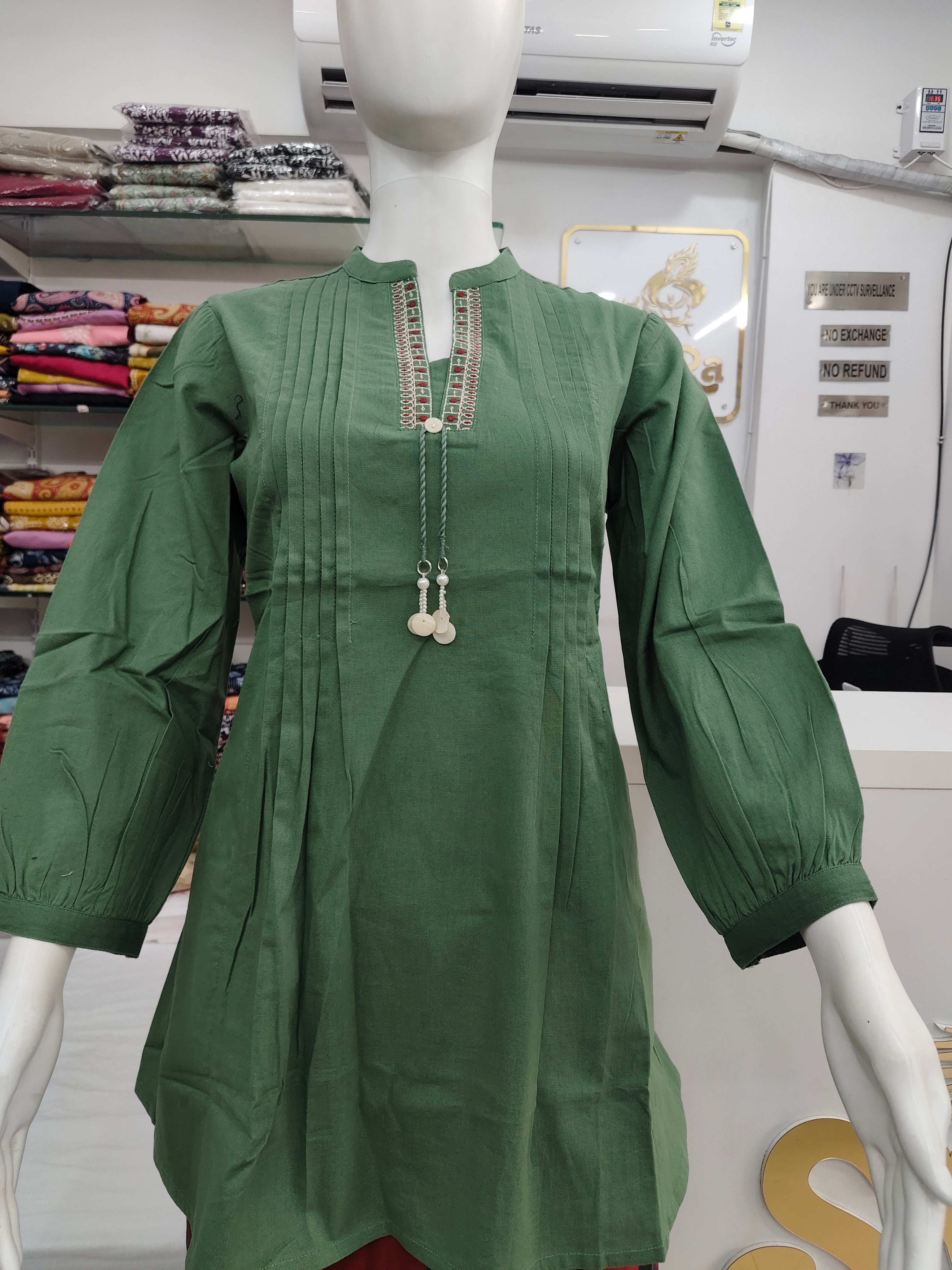 Elegant Green Cotton flex Short Top with Pintuck Design & Embroidered Neckline