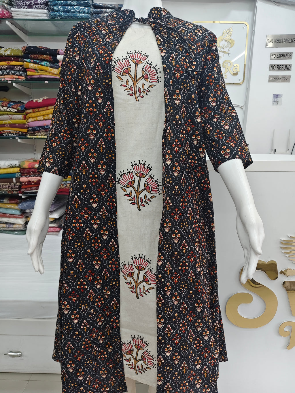 Elegant Cotton Flex Kurti Set with Printed Jacket – Ethnic Floral Design