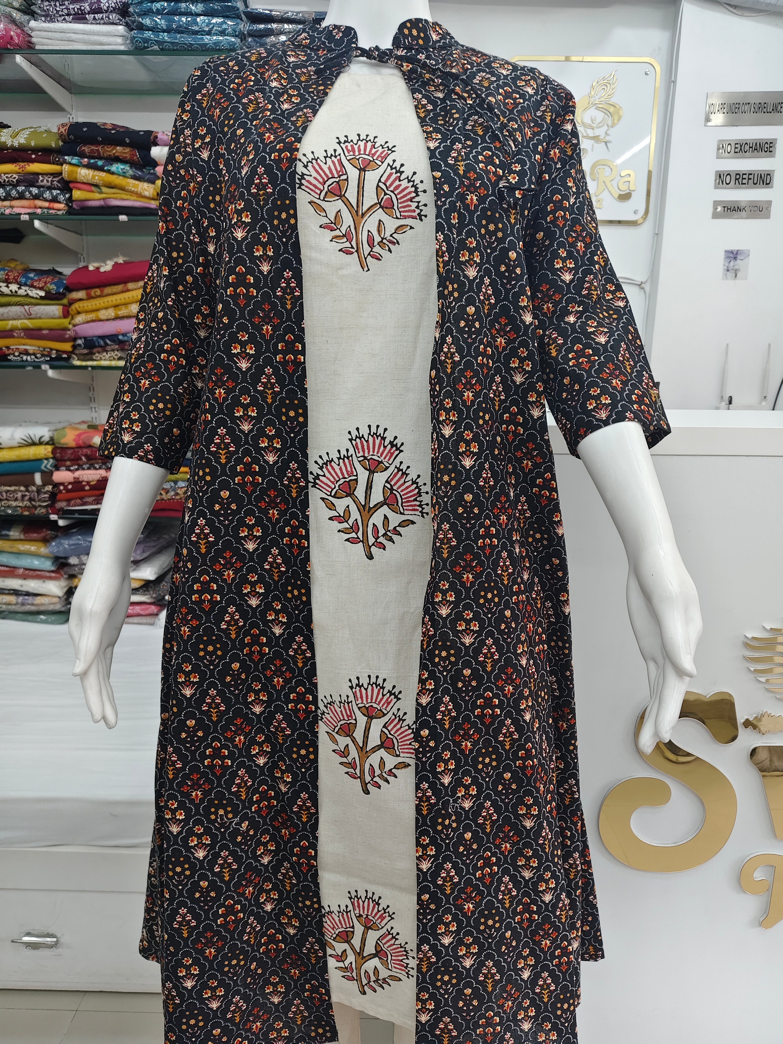 Elegant Cotton Flex Kurti Set with Printed Jacket – Ethnic Floral Design