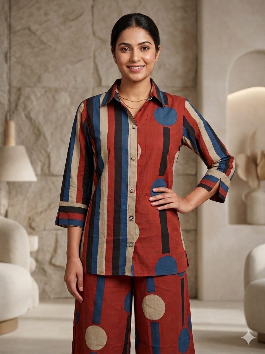 Rust Red Geometric Print Pure Cotton Co-Ord Set for Women