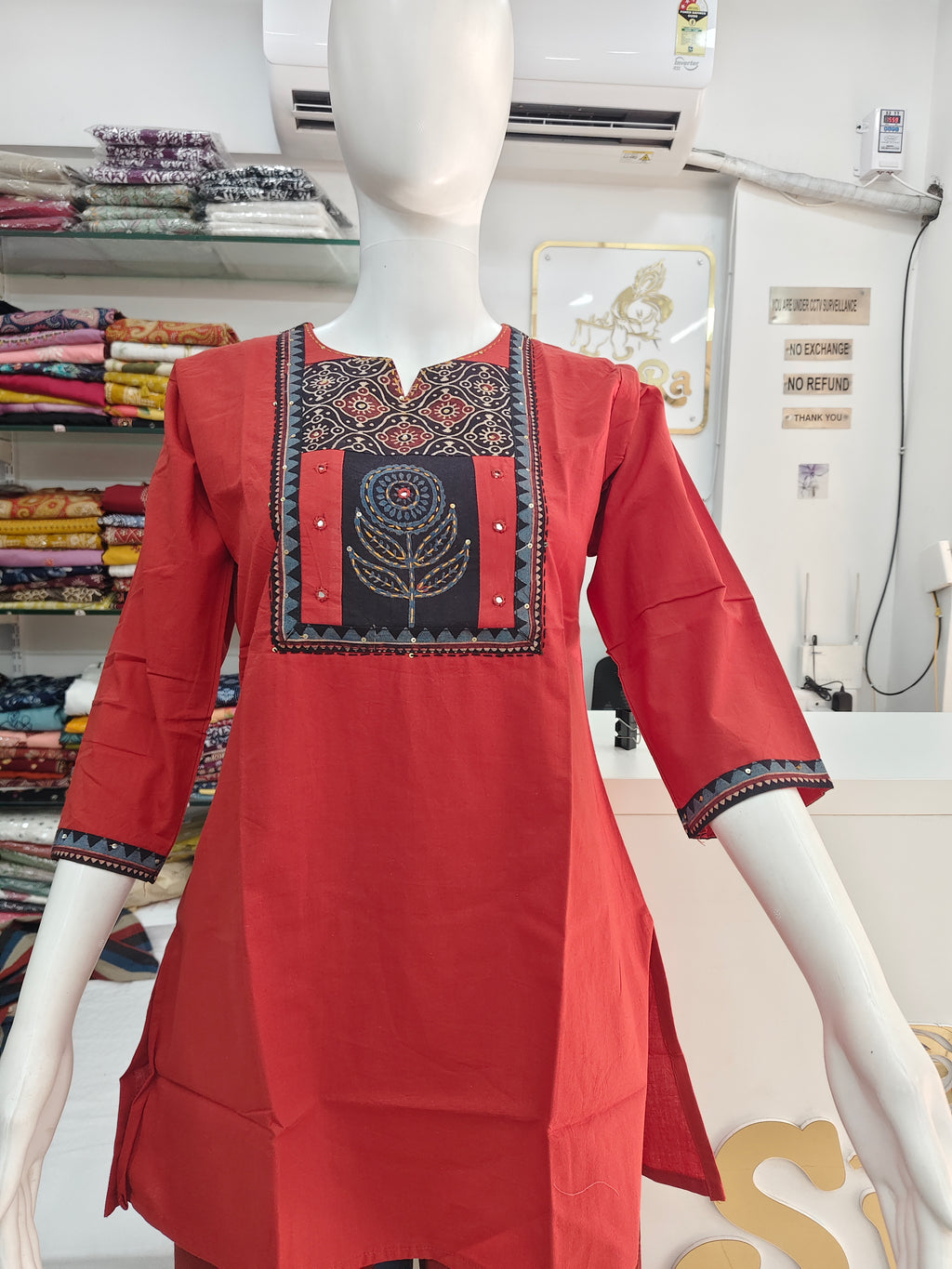 Elegant Rust Red Cotton Short Top with Handcrafted Ethnic Panel Design