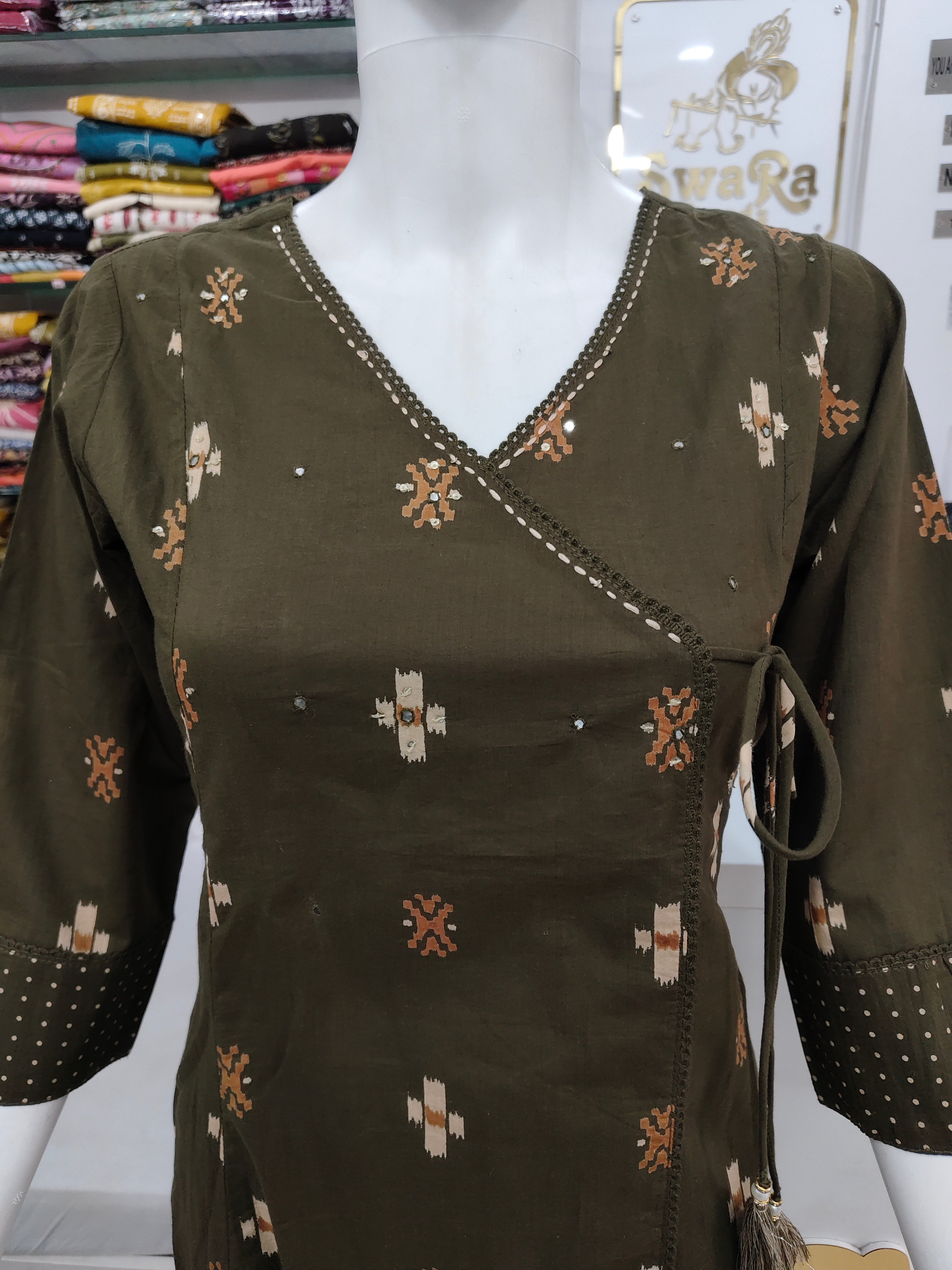Olive Green Handblock Printed Angrakha Cotton Kurta Set with Dupatta