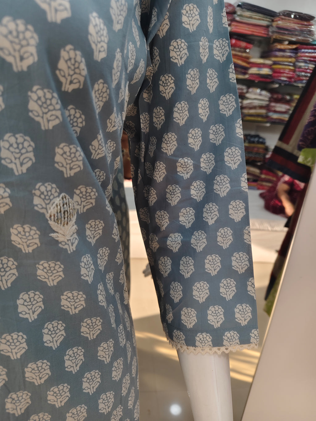 Powder Blue Handblock Printed Cotton Suit Set with Embroidered Neckline & Dupatta