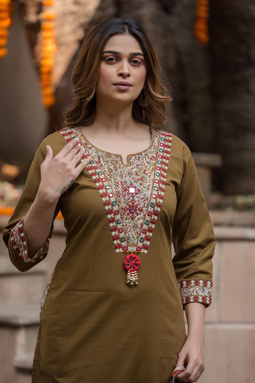 Elegant Olive Embroidered Kurta Set with Printed Dupatta