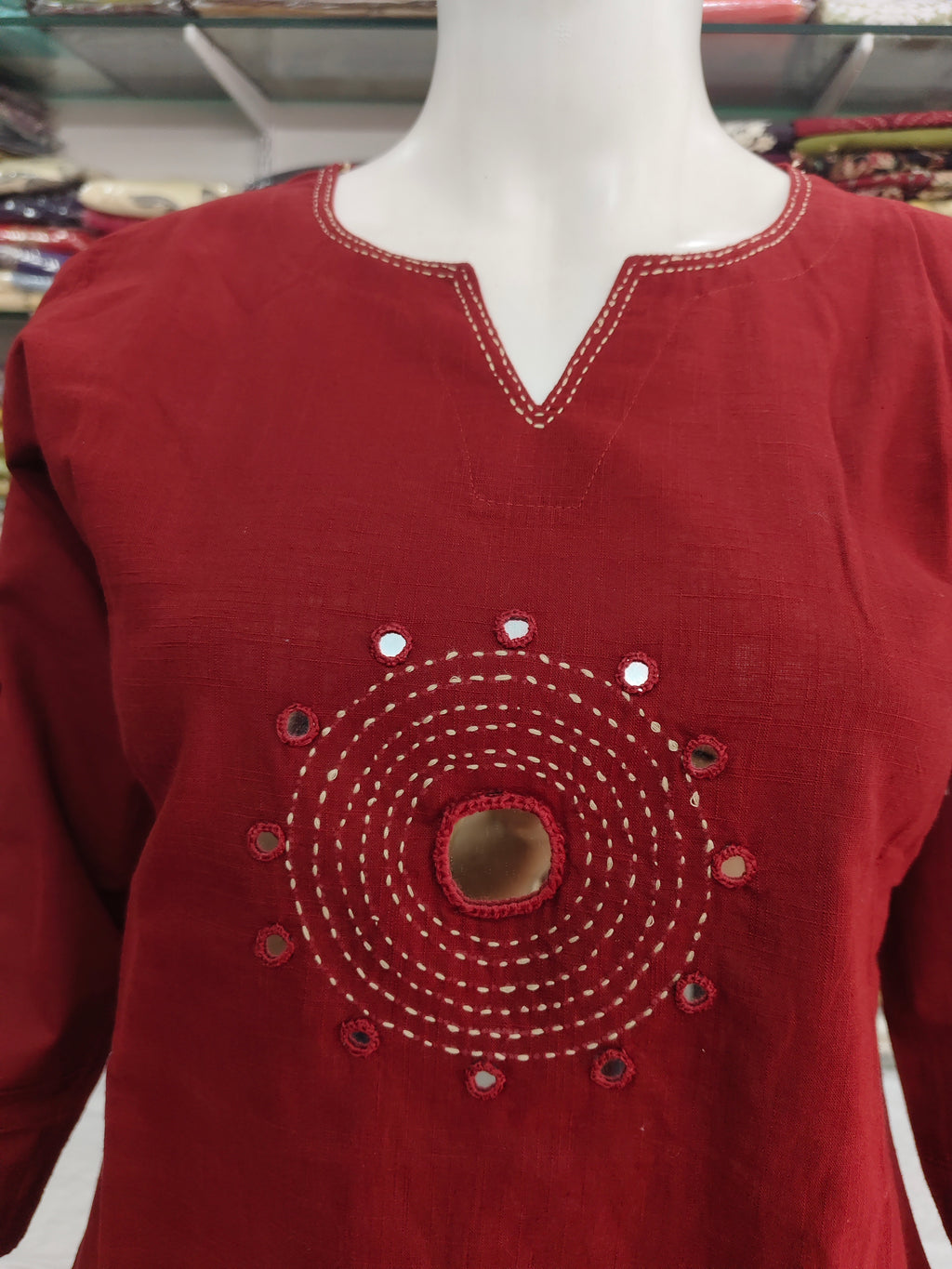Women’s Maroon Cotton Flex Short Top with Mirror Work & Hand Stitch Detailing