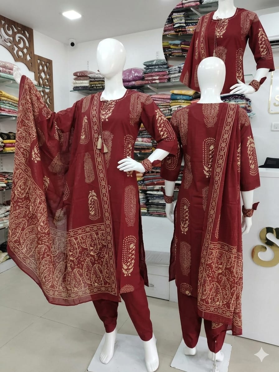 Maroon Cotton Printed Kurta Set with Matching Dupatta and tassel- 3 piece ethnic wear