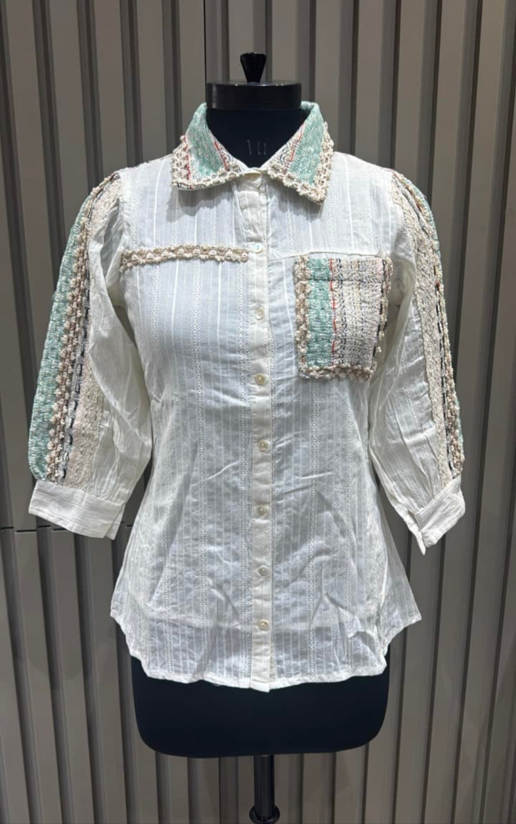 Elegant Pure Cotton Textured Short Top with Handcrafted Jute Lace Detailing