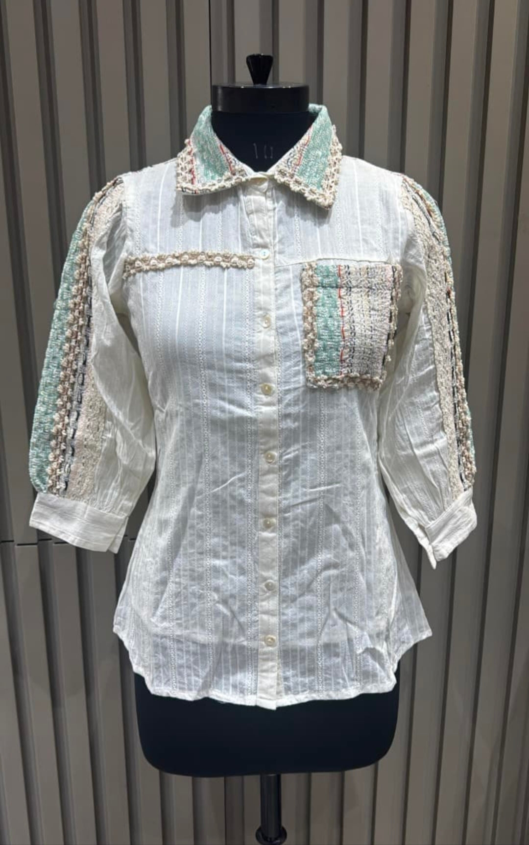 Elegant Pure Cotton Textured Short Top with Handcrafted Jute Lace Detailing