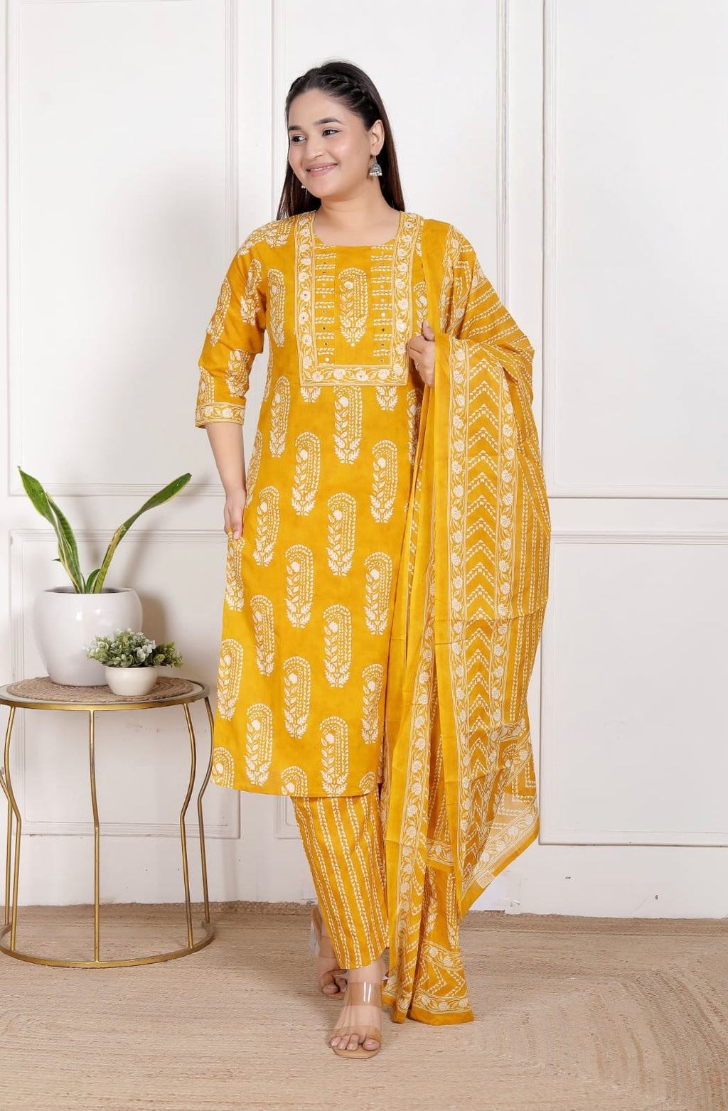 Mustard Yellow Pure Cotton Printed Kurta Pant Dupatta Set for Women | Ethnic 3 Piece Suit