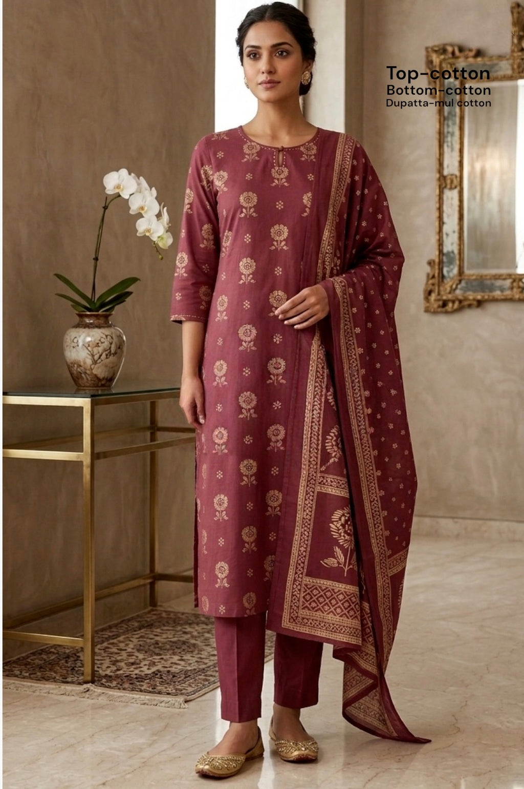 Elegant Mauve Floral Printed 3 Piece Suit Set for Women