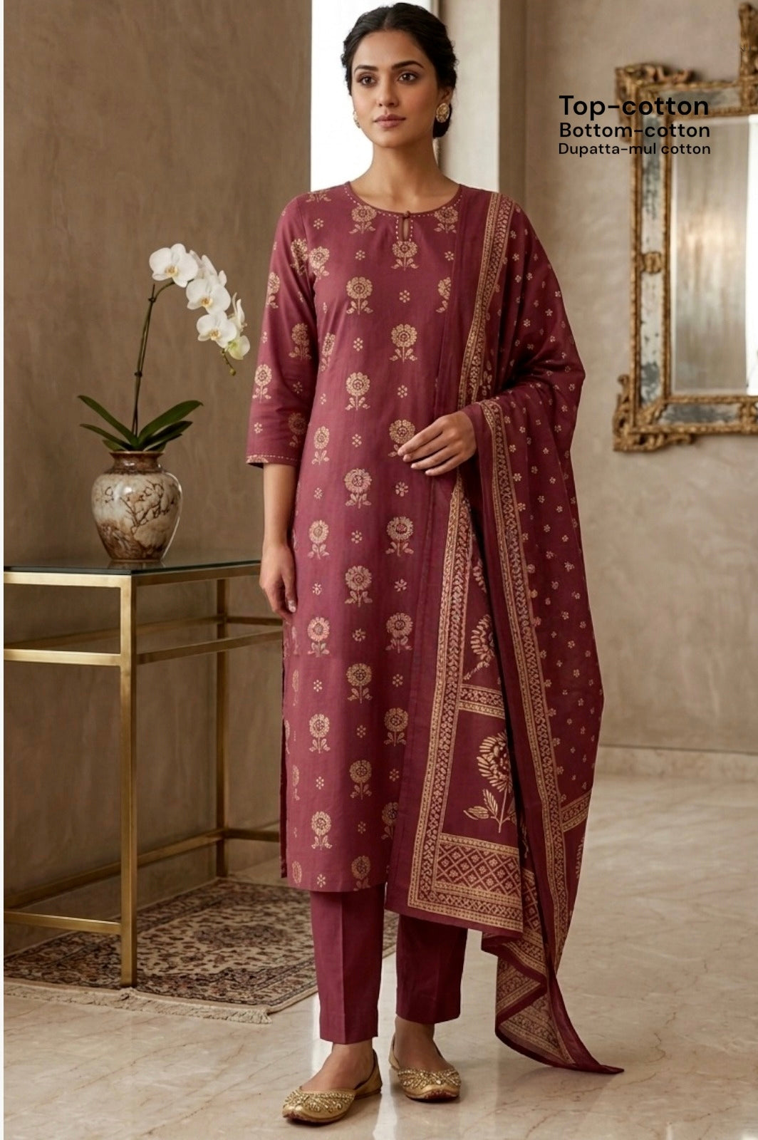 Elegant Mauve Floral Printed 3 Piece Suit Set for Women