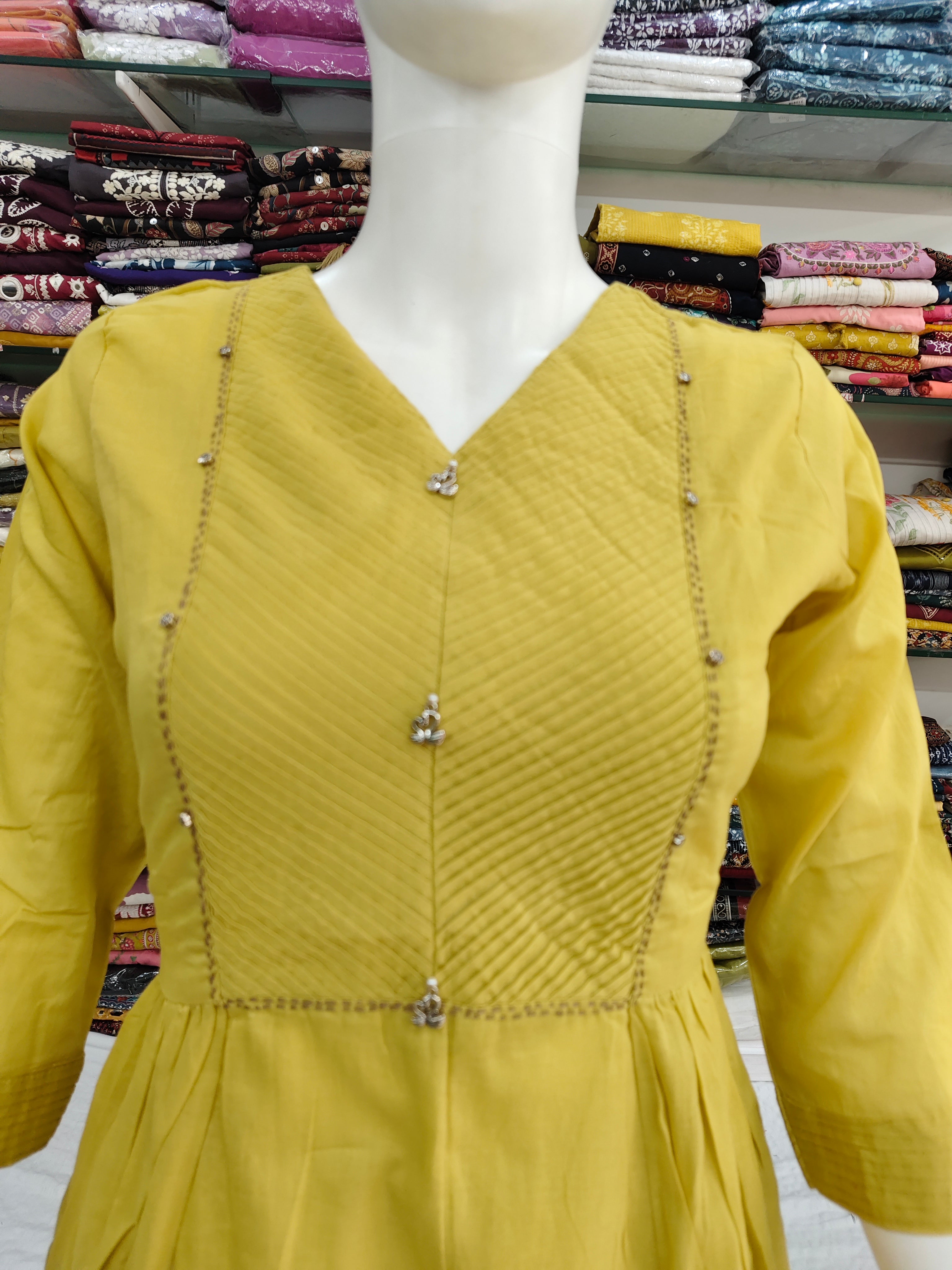 Elegant Mustard Mul Cotton 2-Piece Kurti Palazzo Set with Pintuck Detailing